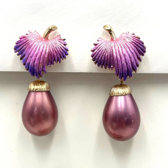 VTG Grape Cluster Brooch & Clip-On Earrings SET I Purple & Gold Enamel Granny - Picture 2 of 9